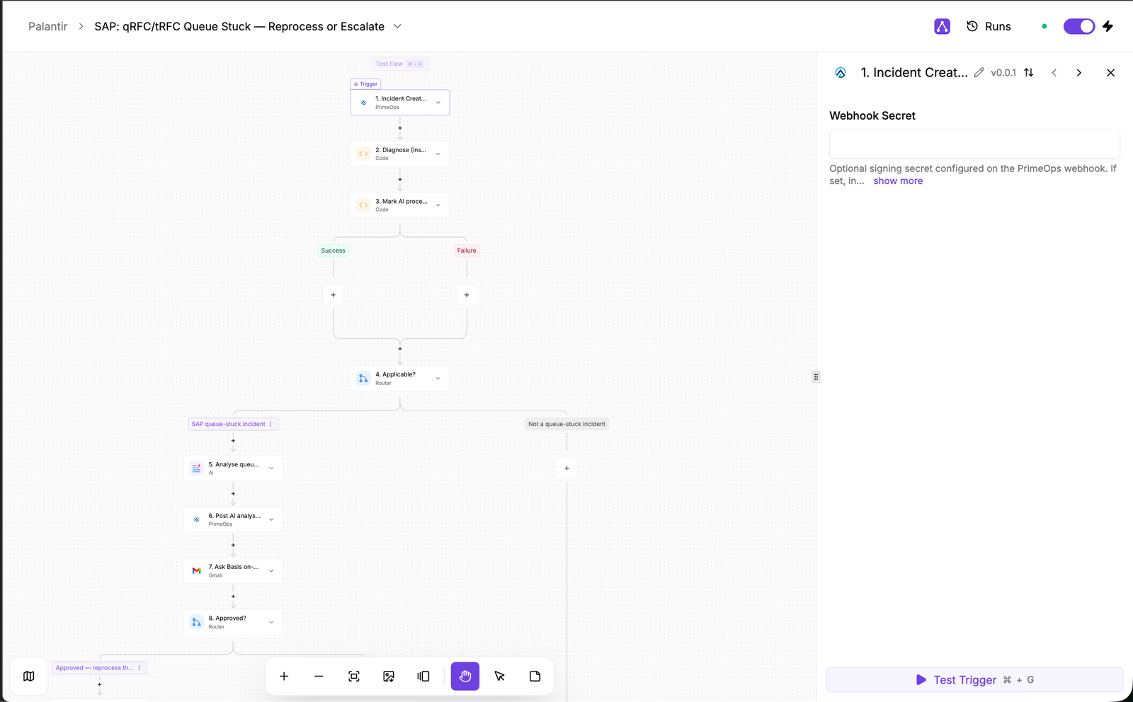 Screenshot of the AI agent orchestration screen in PrimeOps